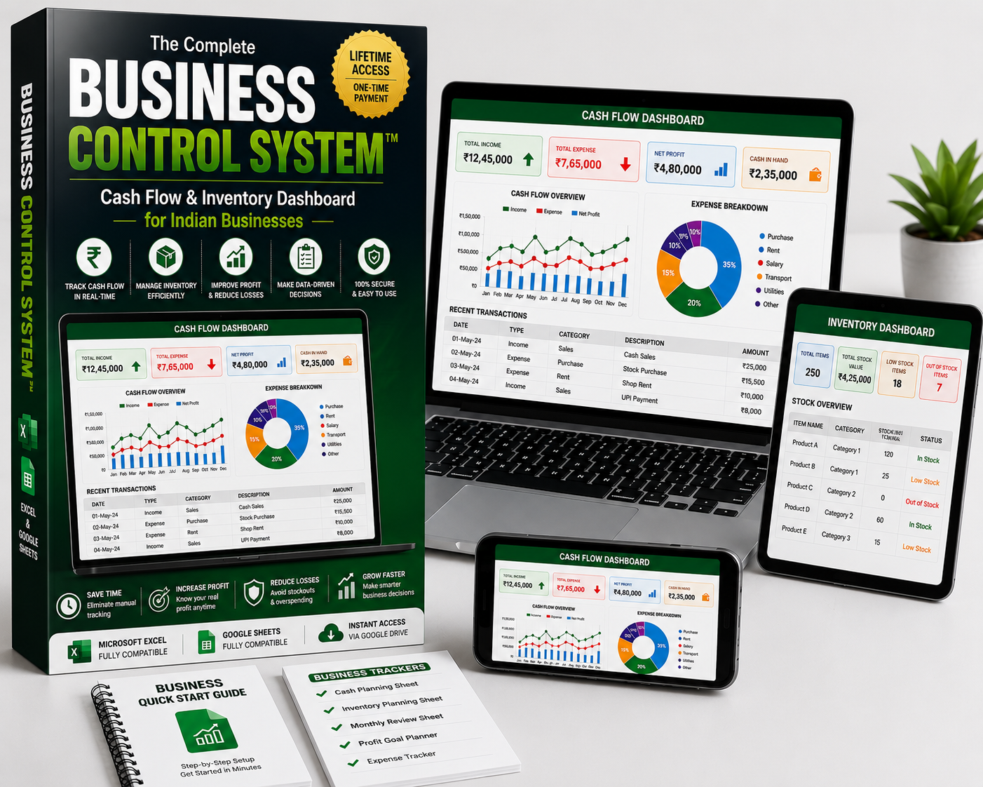 Business Control System™ complete package shown on laptop, tablet, mobile with printed guides