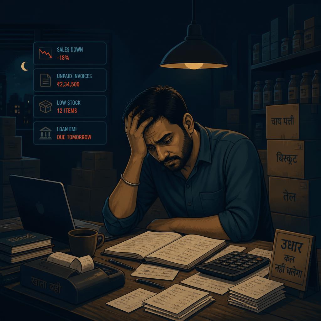 Shop owner stressed while tracking business in notebooks late at night